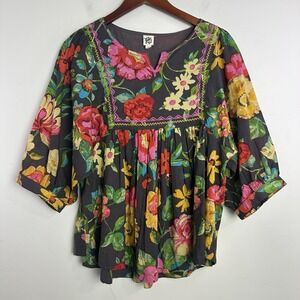 Ivy Jane X-Small Bright Floral Embroidered Blouse Top Boho Cottage Puff‎ Sleeve